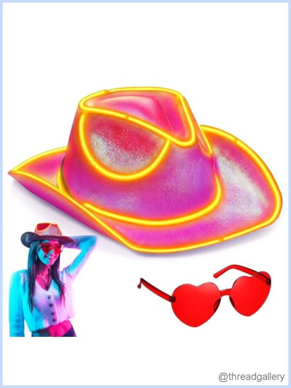 LED Light Up Cowgirl Hat Set with Heart Sunglasses Holographic Adjustable